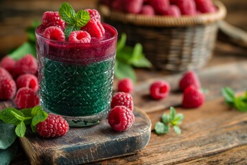 Spirulina smoothie in a glass with raspberries and fresh mint leaves on a wooden table with a fruit...