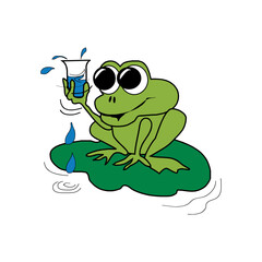 Naklejka premium Cartoon amphibian holding glass of water on lily pad in fictional illustration