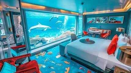A hotel room with a large aquarium in the middle of the floor