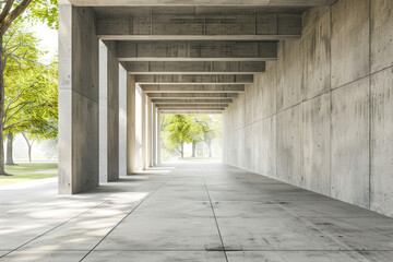 Space for products showcases in the concrete hallway with a park background.