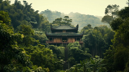 Buddhist temple nestled in lush greenery - obrazy, fototapety, plakaty