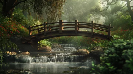 Gartenposter rustic wooden bridge spanning a bubbling stream in a lush forest © Mars0hod