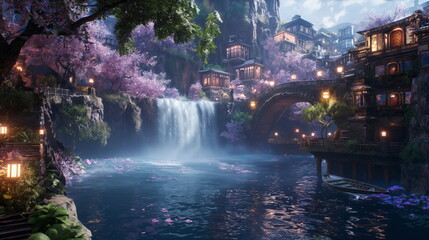 Dawn light bathes a historical cityscape with a majestic waterfall, highlighting the grandeur of...