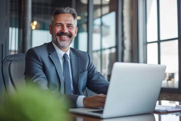 Fototapeta premium Smiling mature business man with gray hair at his workspace in a modern office