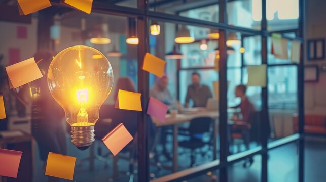 A brainstorming session in a modern, open-plan office, with sticky notes forming the shape of a lightbulb on the wall, each note a contribution to the burgeoning company's startup vision.