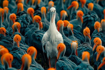 A white stork stands out among the flock of grey and orange birds