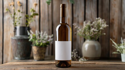 Empty wine bottle label mockup on a rustic background for design