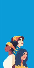 Vector vertical banner modern illustration women's rights movement and protection, multi-ethnic women. A group of women of different skin colors. Young women, independence. Gender equality movement ve