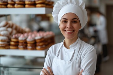 portrait of a pastry chef in a donut shop. Smiling girl proud of her work.