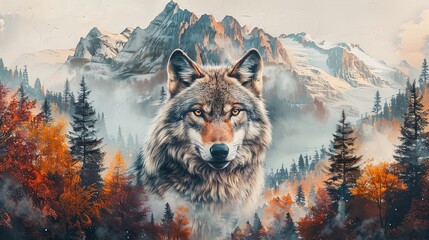 Wolf portrait double exposure mountain nature forest overlay