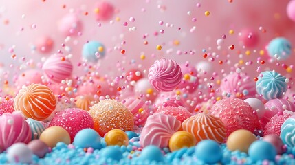 Fototapeta na wymiar Copy space many candy floating on the air, solid color background, design advertisement element