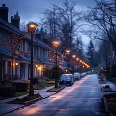 A row of smart, energy-efficient streetlights lining a quiet, suburban street.