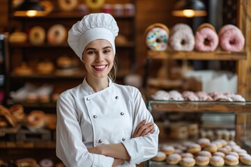 portrait of a pastry chef in a donut shop. Smiling girl proud of her work.