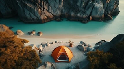 Aerial drone view of a tent camp set up on the sandy beach beside the tranquil sea - obrazy, fototapety, plakaty