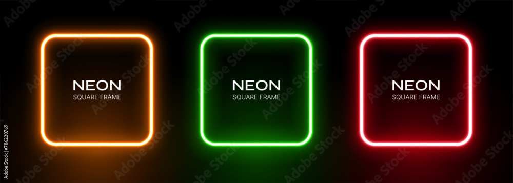 Wall mural neon light square frame. glow box border. green, red and orange led laser on a black background. flu