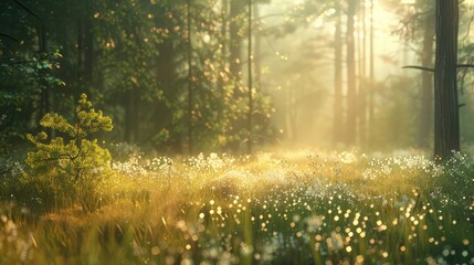 A tranquil forest clearing bathed in the golden light of dawn, with dew-kissed grasses and...