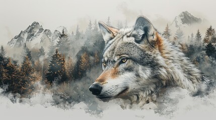 Grey wolf portarit design with mountain forest background double exposure
