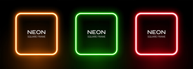 Neon light square frame. Glow box border. Green, red and orange led laser on a black background. Fluorescent vector banners.