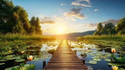 Serene sunrise scene over lush swamp with a wooden path on a peaceful summer morning