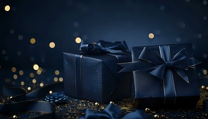 Two Dark Blue Gift Boxes with Shiny Light Blue Bows, Star Shaped Lights, Product Photography