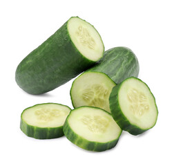 Halves and slices of long cucumber isolated on white