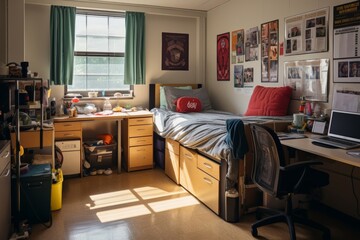 Student dormitory room with study desk, single bed, double bunk bed, and cabinet. Clean and cozy hostel share room. Generative AI. - obrazy, fototapety, plakaty
