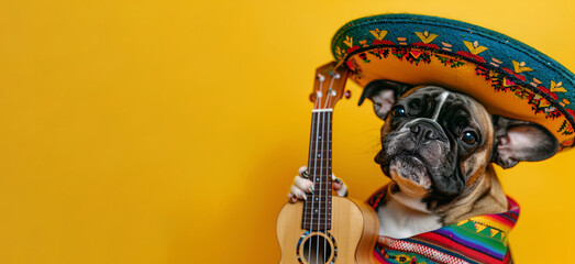 A charming dog in a sombrero hat, strums a guitar against a yellow backdrop, Cinco de Mayo - obrazy, fototapety, plakaty