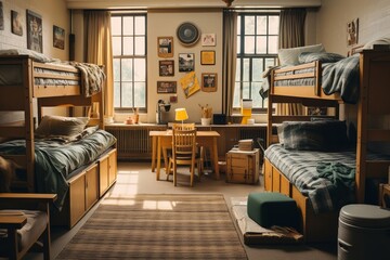 Student dormitory room with study desk, single bed, double bunk bed, and cabinet. Clean and cozy hostel share room. Generative AI. - obrazy, fototapety, plakaty