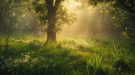 A tranquil forest clearing bathed in the golden light of dawn, with dew-kissed grasses and wildflowers blooming amidst the peaceful serenity of nature.  - obrazy, fototapety, plakaty