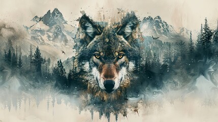 Closeup portrait of wolf in the mountain forest double exposure design nature ecosystem - obrazy, fototapety, plakaty