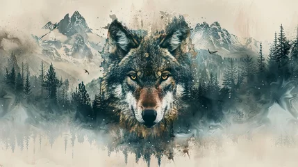 Foto op Plexiglas Closeup portrait of wolf in the mountain forest double exposure design nature ecosystem © Barosanu