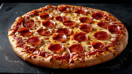 A pepperoni pizza on a black table, a staple in fast food cuisine