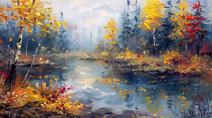 "Peaceful oil painting of an autumn forest with a reflective lake."