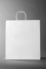 One white paper bag on grey background. Mockup for design