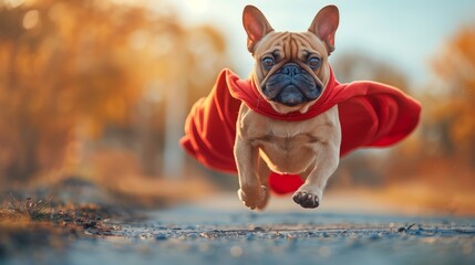 A French Bulldog in a red cape runs down the road - obrazy, fototapety, plakaty