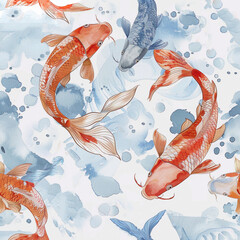 Illustration of koi carps, golden fish seamless background
