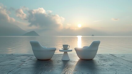 Sculptural elegance beside morning coffee, a chairs journey in travel, vividly captured ,3DCG,clean sharp focus