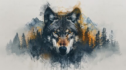 Grey wolf portrait with double exposure nature landscape of forest and mountains