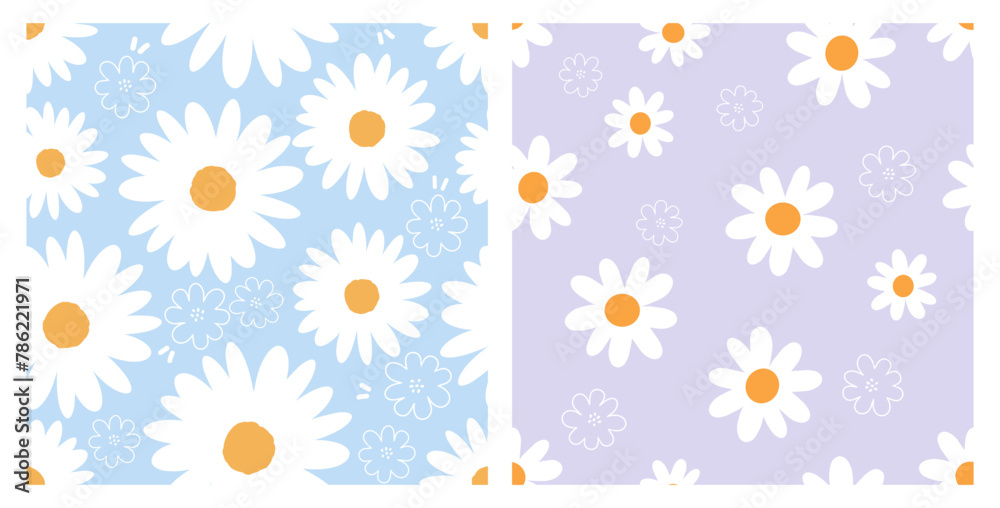 Poster seamless pattern with daisy chamomile flower on blue and purple backgrounds vector.