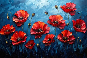A painting featuring vibrant red poppy flowers set against a striking blue background,