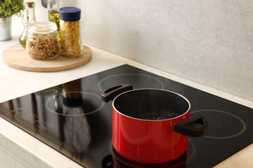 Cooking dinner. Pot with hot water on cooktop in kitchen