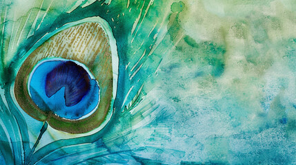 Watercolor abstraction captures peacock feather iridescence in blue and emerald. - obrazy, fototapety, plakaty