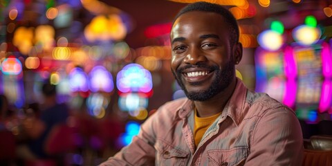 Man playing at casino slot machine, smiling in joy amidst neon nightlife entertainment