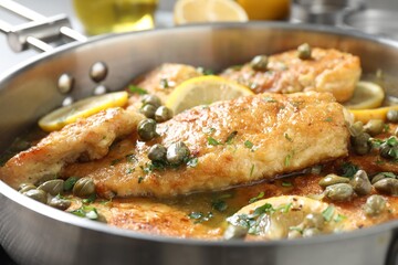 Delicious chicken piccata with herbs on table, closeup