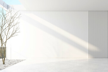 Morning light and trees outside the bare glass wall. Inside there is an empty room with white slat wall and polished concrete floor. 3d rendering