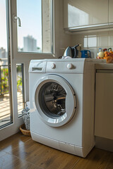 White modern washing machine stands in clean interior, essential for household hygiene and cleanliness