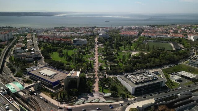 Aerial drone view of Parque dos Poetas in Oerias, translated to Poet's Park in Lisbon, Portugal