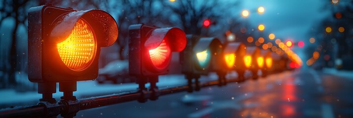 A row of smart, energy-efficient traffic lights changing colors in unison - obrazy, fototapety, plakaty