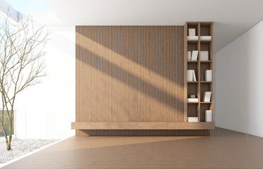 Morning light and trees outside the bare glass wall. Inside there is a Modern Japanese-style living room with a TV cabinet and built-in bookshelf and the doorway. 3d rendering.