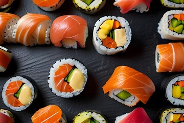 features a variety of sushi pieces neatly arranged on a black plate